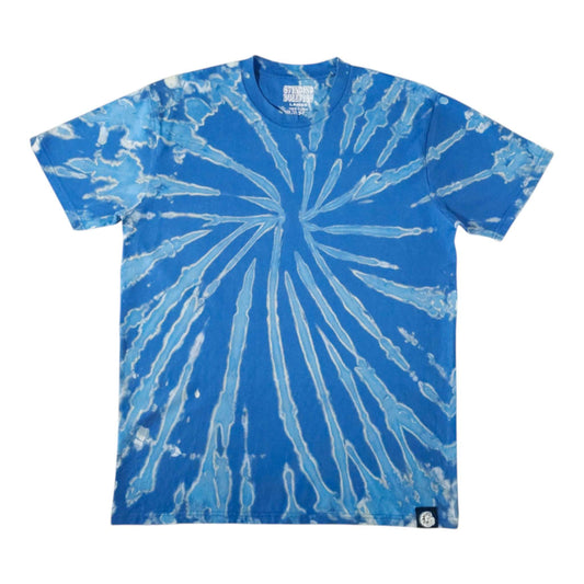 Deep blue spiral tie-dye t-shirt with white burst swirl pattern, crew neck, short sleeves