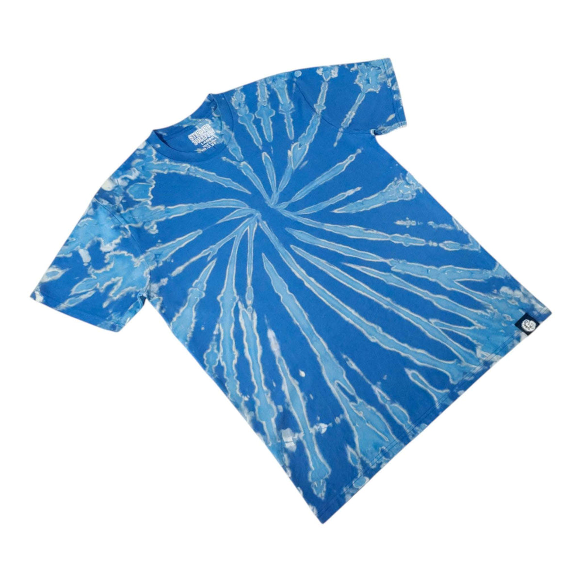 Blue tie-dye t-shirt with white spiral burst pattern, crew neck, short sleeves, angled view
