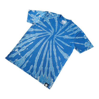 Blue spiral bleach-dye t-shirt with white radial burst lines, crew neck, short sleeves