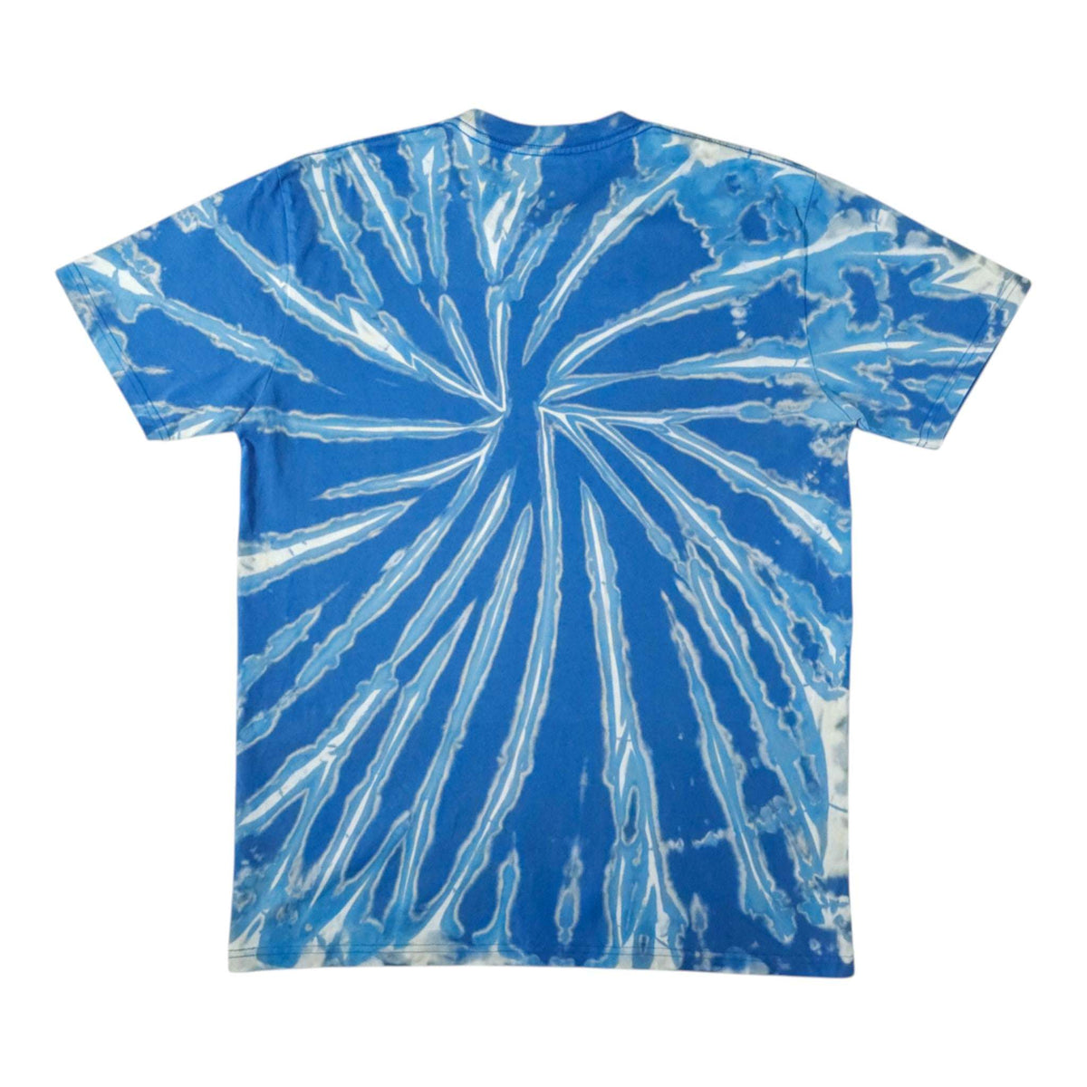 Blue tie-dye t-shirt featuring a white circular spiral burst, crew neck, short sleeves