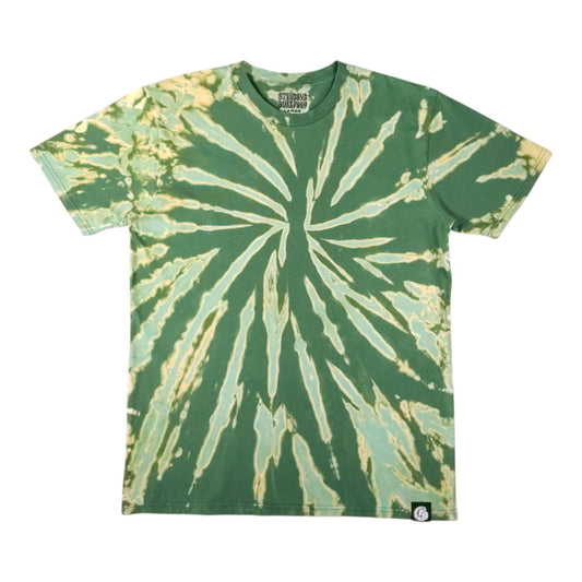 Green short-sleeve crewneck T-shirt with light spiral bleach-dye burst pattern.