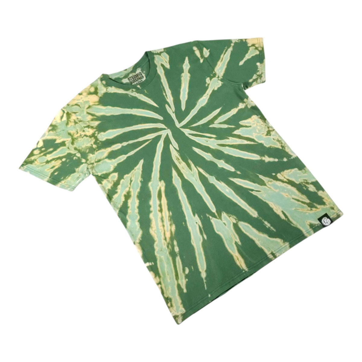 Green short-sleeve T-shirt with off-white tie-dye spiral burst pattern, side view.