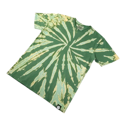 Green crewneck T-shirt featuring off-white radial bleach-dye burst lines on front.