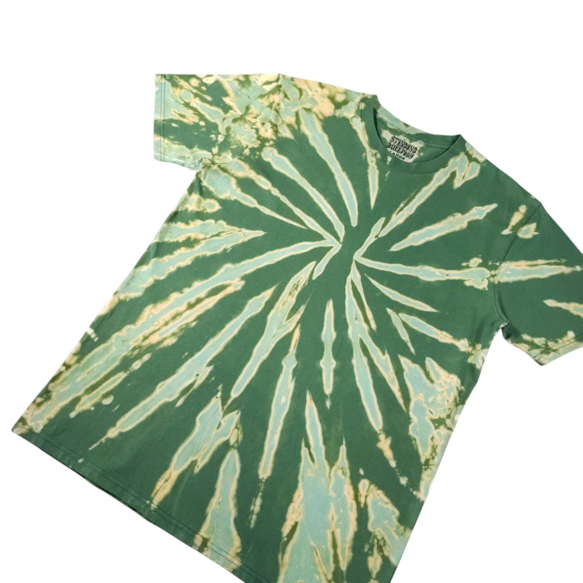 Green short-sleeve T-shirt with off-white spiral bleach-dye burst pattern, angled.