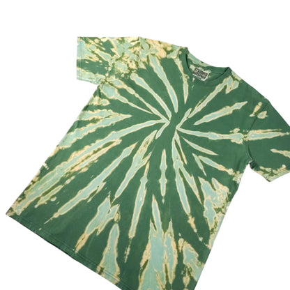Green short-sleeve T-shirt with off-white spiral bleach-dye burst pattern, angled.
