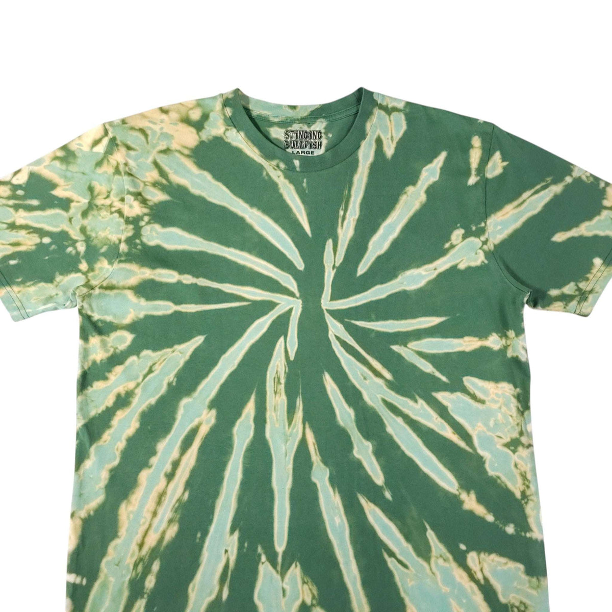 Green crewneck T-shirt with off-white radial bleach-dye lines forming a spiral burst.