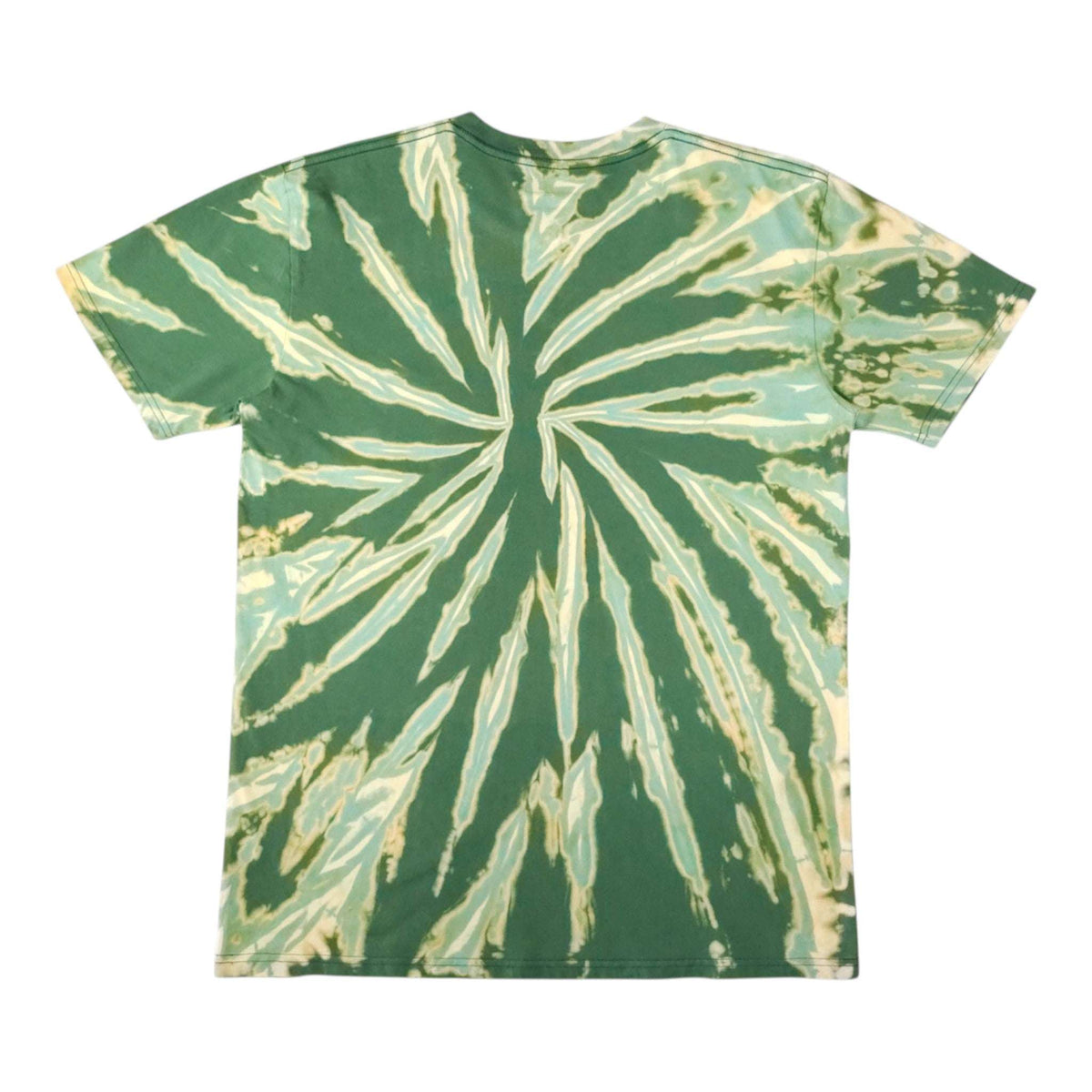 Green short-sleeve crewneck T-shirt with off-white spiral bleach-dye burst pattern.
