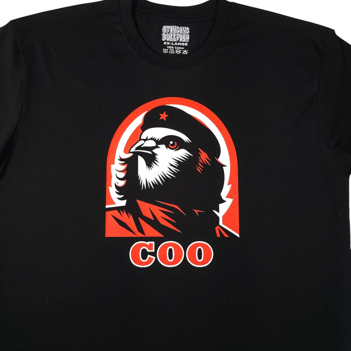 Black graphic pigeon T-shirt with large circular red-and-white emblem.