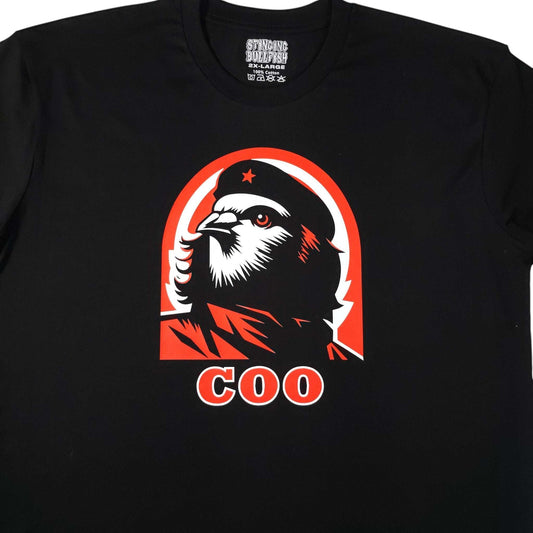 Black graphic pigeon T-shirt with large circular red-and-white emblem.