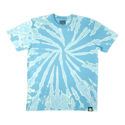 Light blue bleach-dye crewneck T-shirt with white radial sunburst spiral pattern.