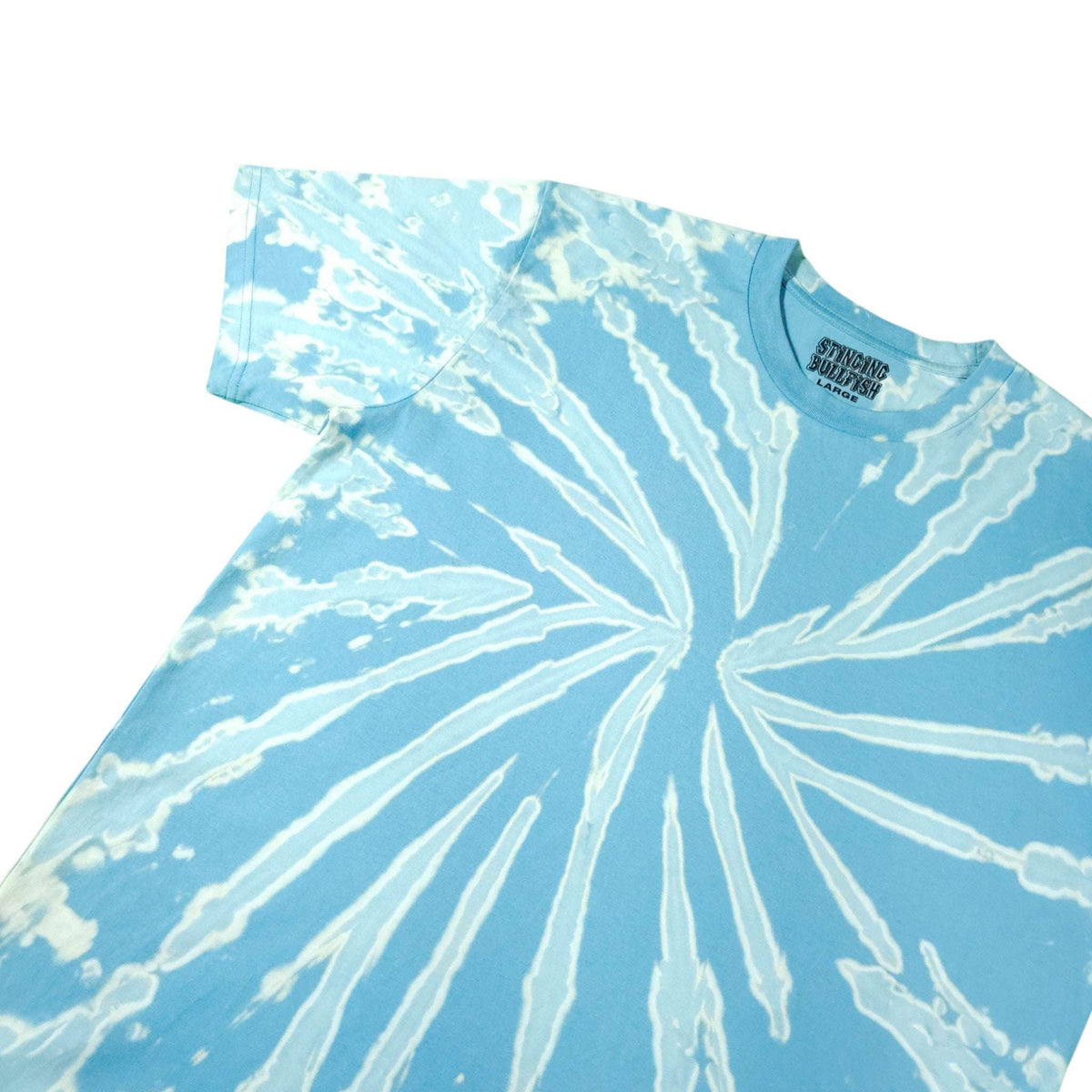 Light blue bleach-dye T-shirt with white radial swirl, crew neck.
