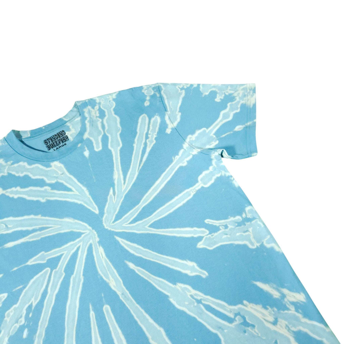 Light blue bleach-dye T-shirt side view with white radial spiral pattern.