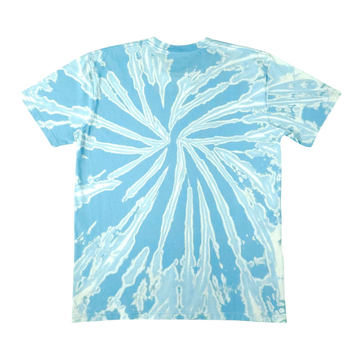 Light blue bleach-dye T-shirt front view with white sunburst spiral center.