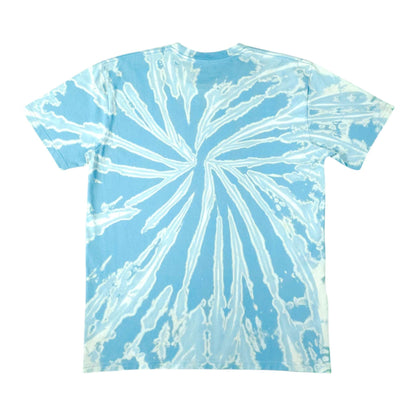 Light blue bleach-dye T-shirt front view with white sunburst spiral center.