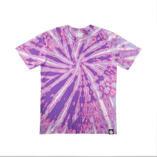 Purple and white spiral bleach dye T-shirt, crew neck, short sleeves