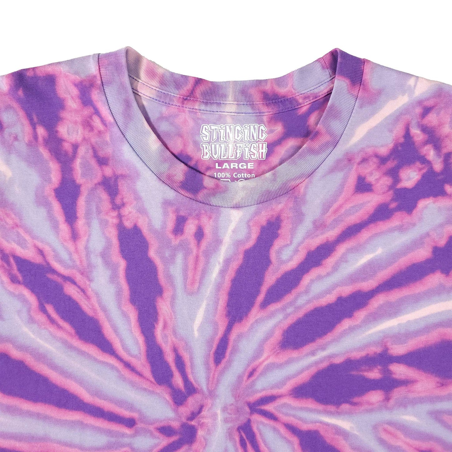 Tie-dye spiral T-shirt close-up showing chest print on crew neck