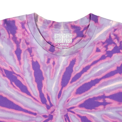 Tie-dye spiral T-shirt close-up showing chest print on crew neck