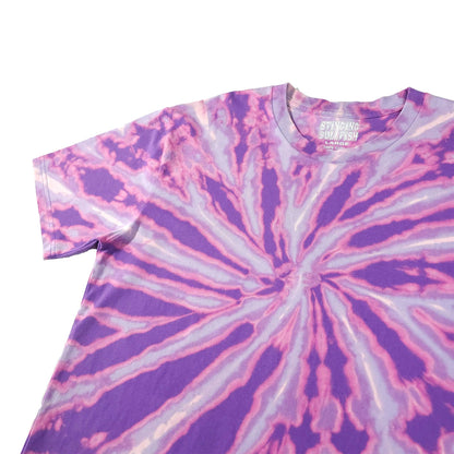 Purple spiral bleach dye T-shirt front view, crew neck and short sleeves