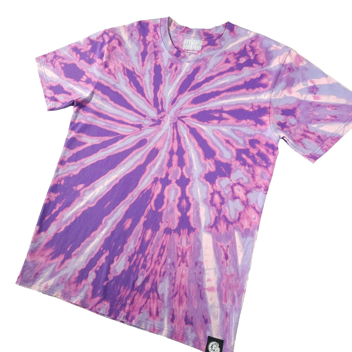Purple and white spiral bleach dye cotton T-shirt, crew neck, short sleeves
