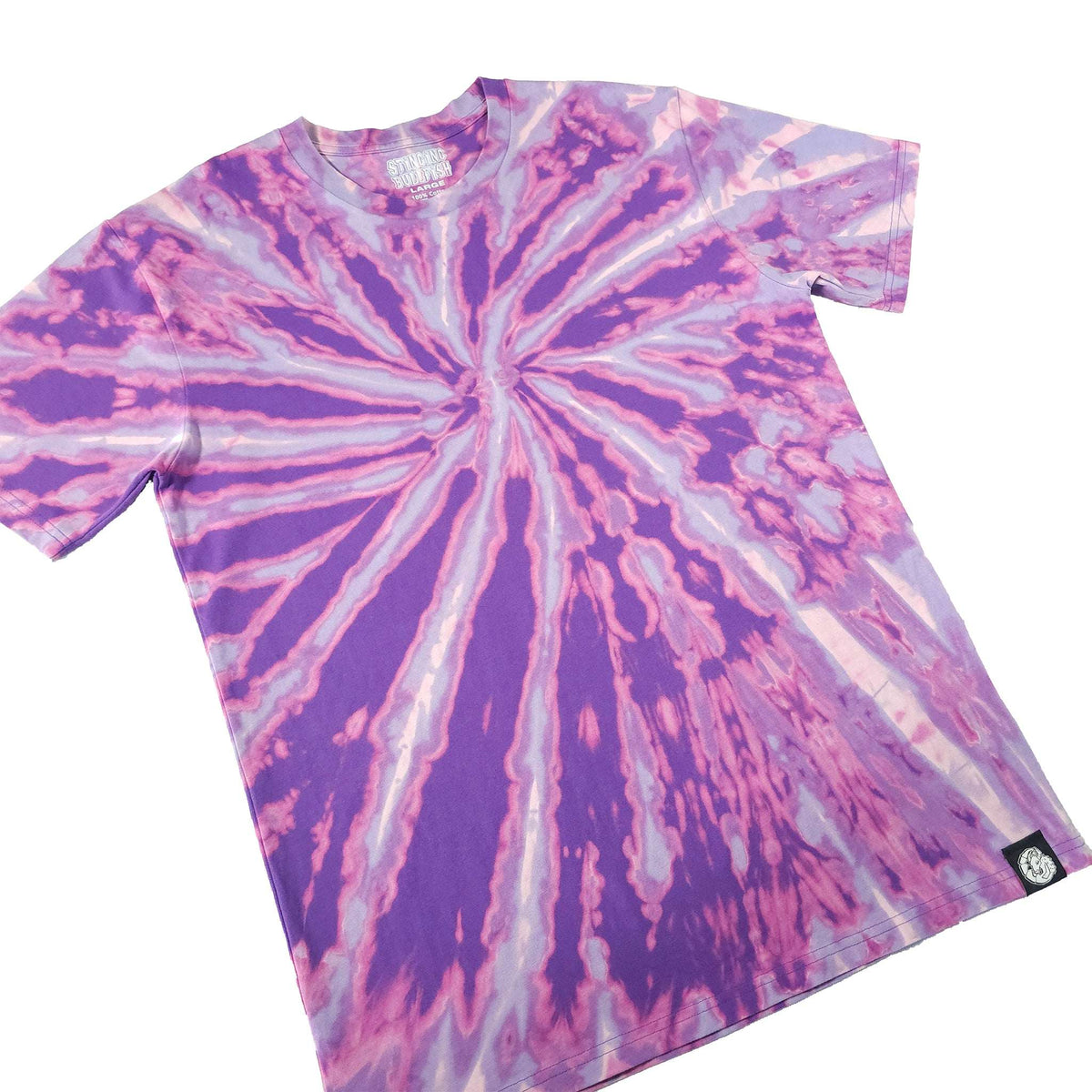 Purple and white spiral bleach dye T-shirt side angle, short sleeves and crew neck