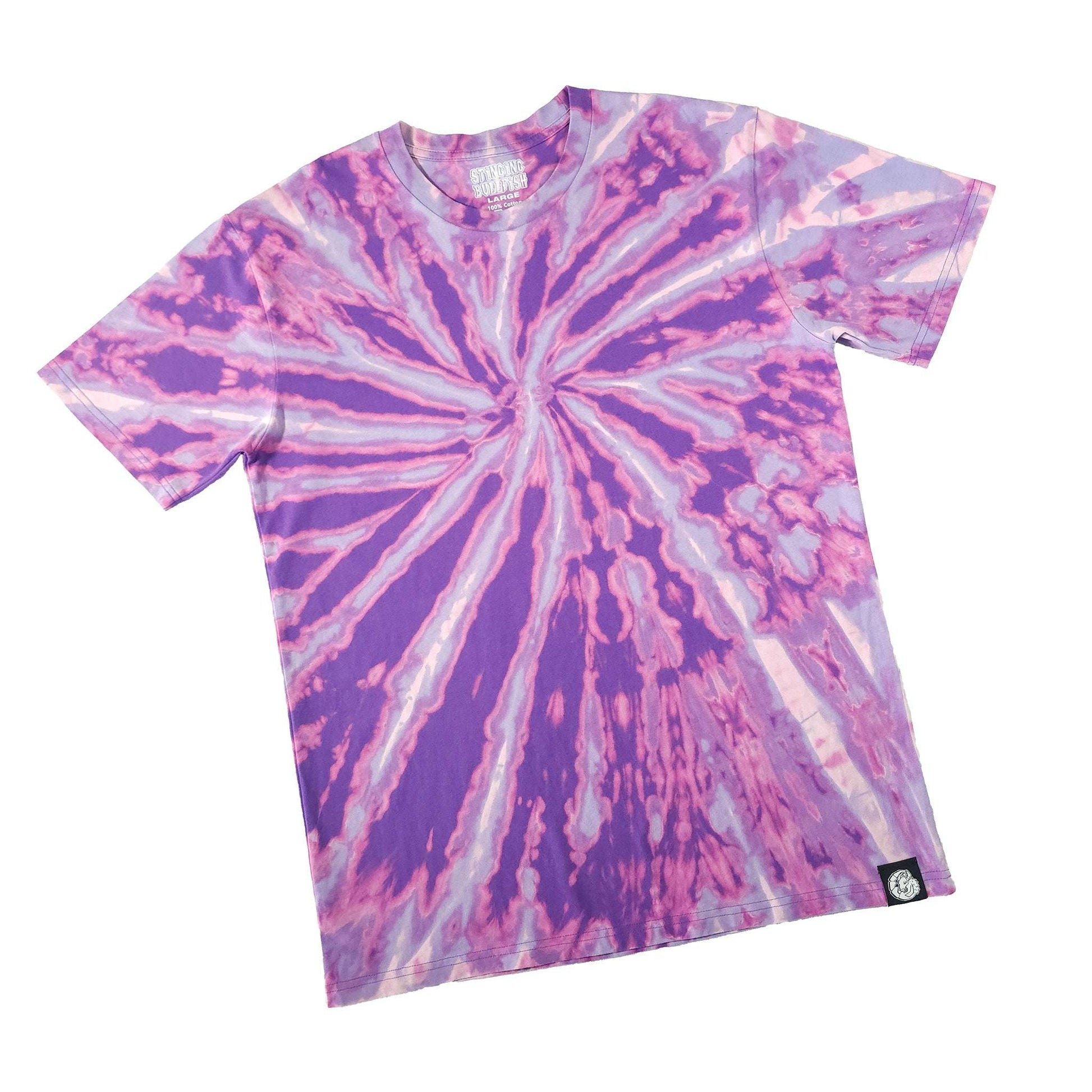Purple and white spiral bleach dye T-shirt front view, crew neck, short sleeves