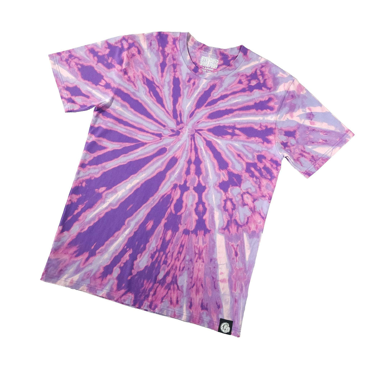 Purple and white spiral bleach dye T-shirt front view, crew neck, short sleeves