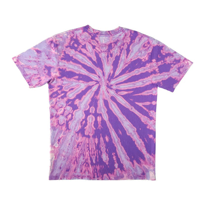 Purple and white spiral bleach dye T-shirt, crew neck, short sleeves, back view