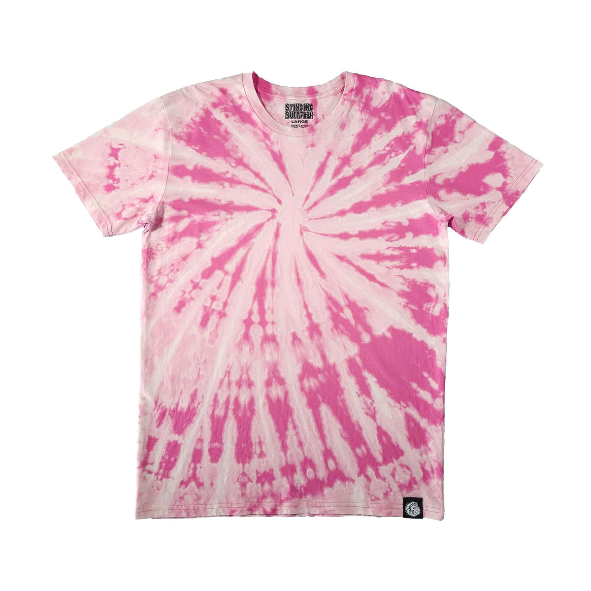 Pink and white spiral bleach dye T-shirt, crew neck short sleeves, front center burst pattern