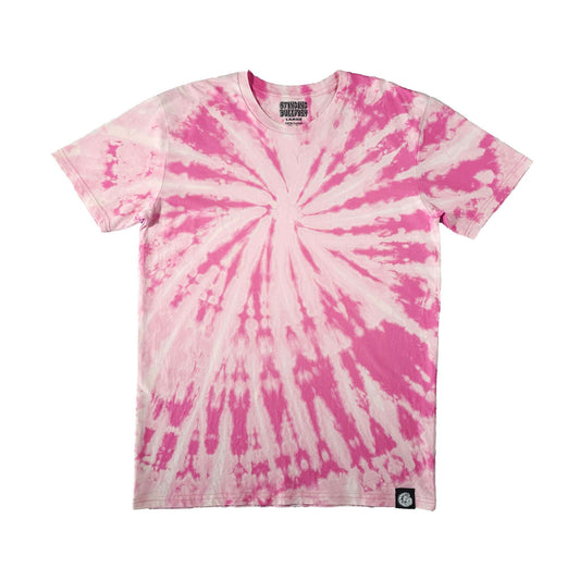Pink and white spiral bleach dye T-shirt, crew neck short sleeves, front center burst pattern
