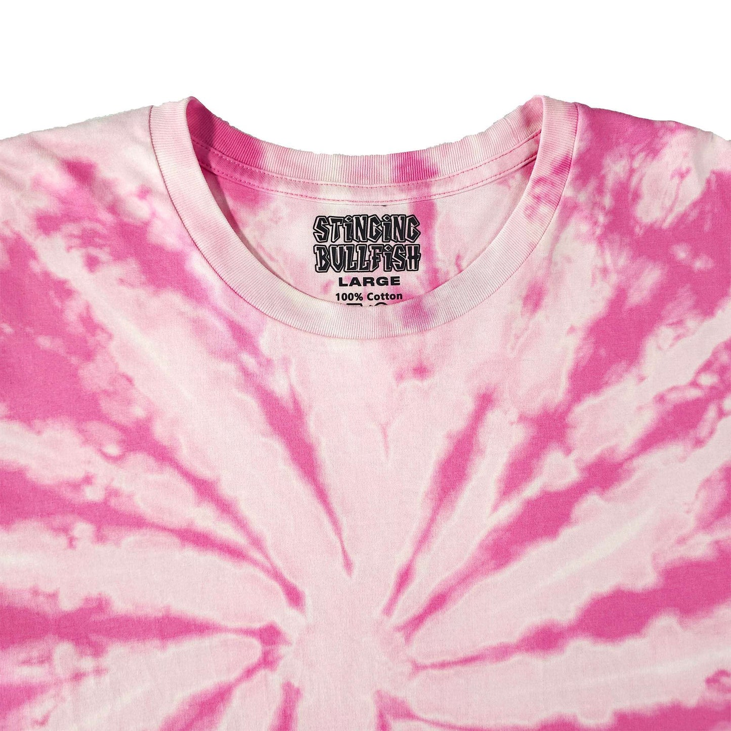 Pink spiral bleach dye T-shirt, crew neck with printed label at collar