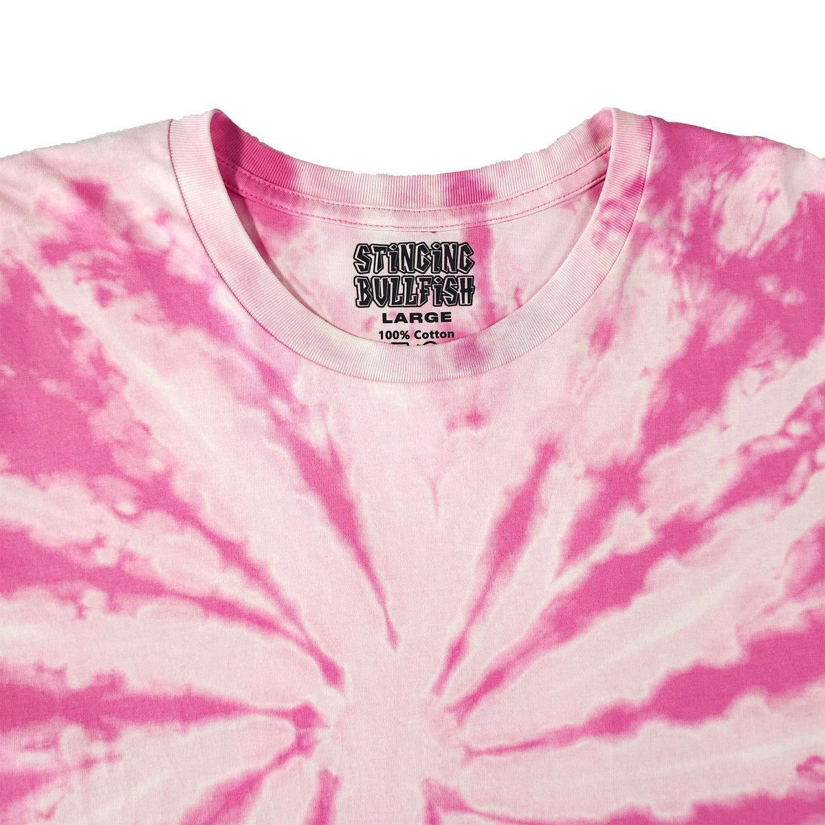Pink spiral bleach dye T-shirt, crew neck with printed label at collar