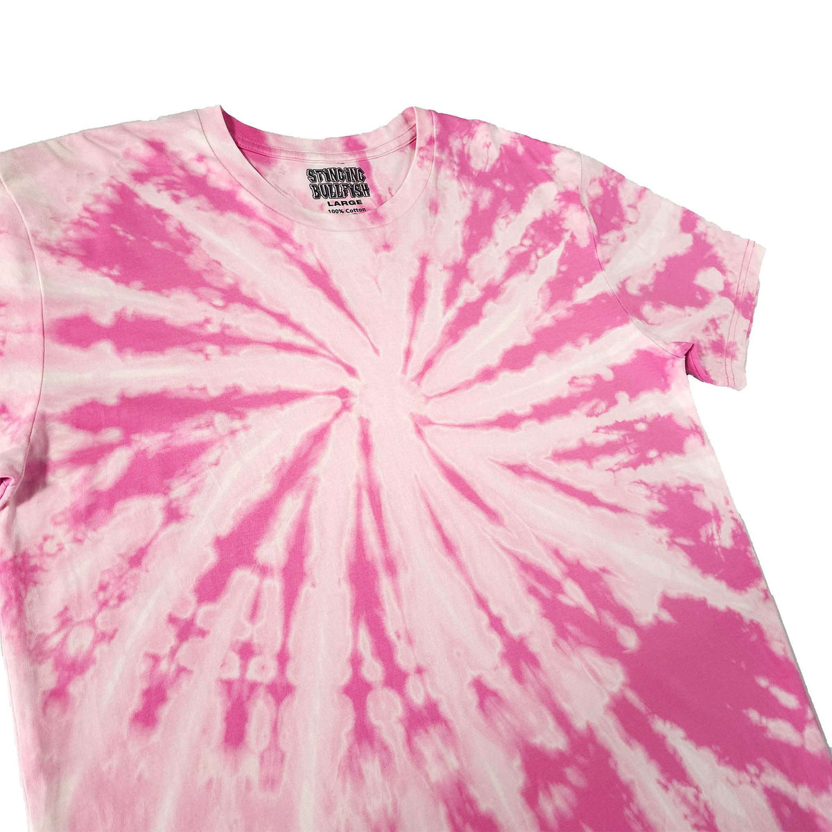 Pink and white spiral bleach dye T-shirt, crew neck short sleeves, front burst pattern detail