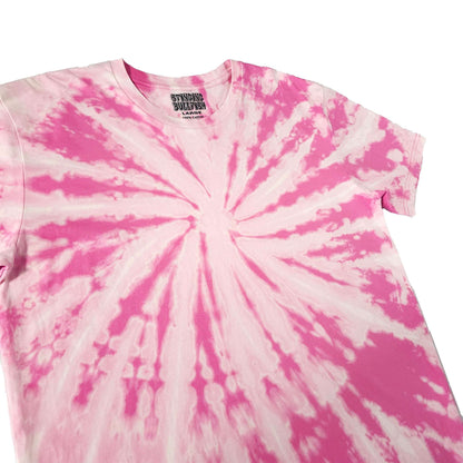 Pink and white spiral bleach dye T-shirt, crew neck short sleeves, front burst pattern detail