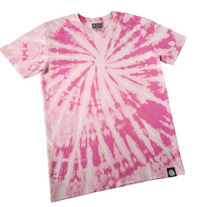 Pink and white spiral bleach dye T-shirt, short sleeves, crew neck, front swirl burst