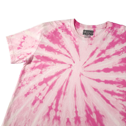 Pink spiral bleach dye T-shirt, short sleeves, crew neck, centered spiral tie-dye design