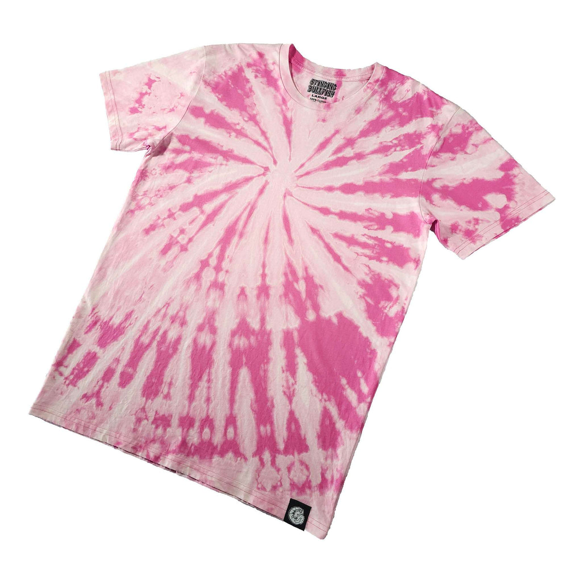 Pink and white spiral bleach dye T-shirt, crew neck short sleeves, side hem label