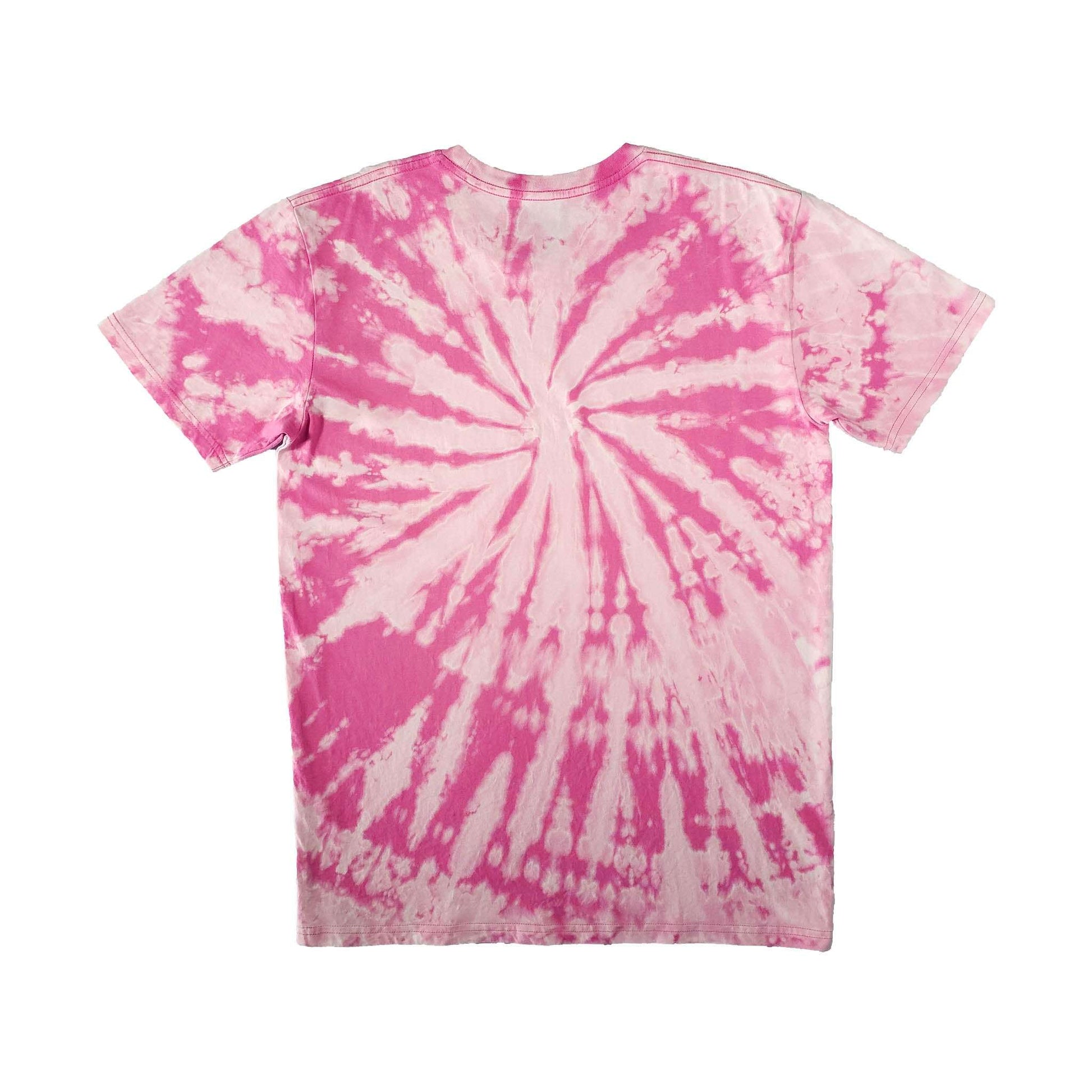 Pink and white spiral bleach dye T-shirt, crew neck short sleeves, centered spiral on back