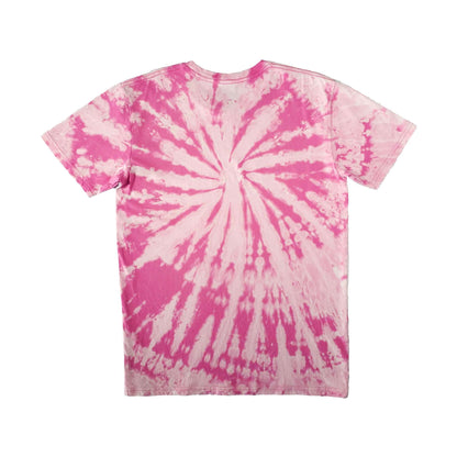 Pink and white spiral bleach dye T-shirt, crew neck short sleeves, centered spiral on back
