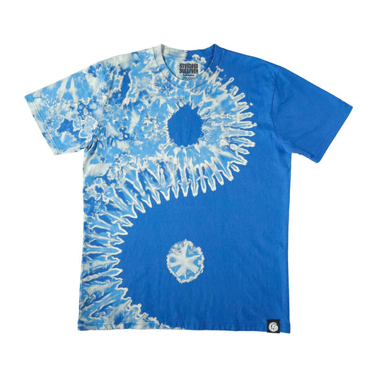 Blue bleach-dye graphic T-shirt with large dark sunburst circles and white streaks