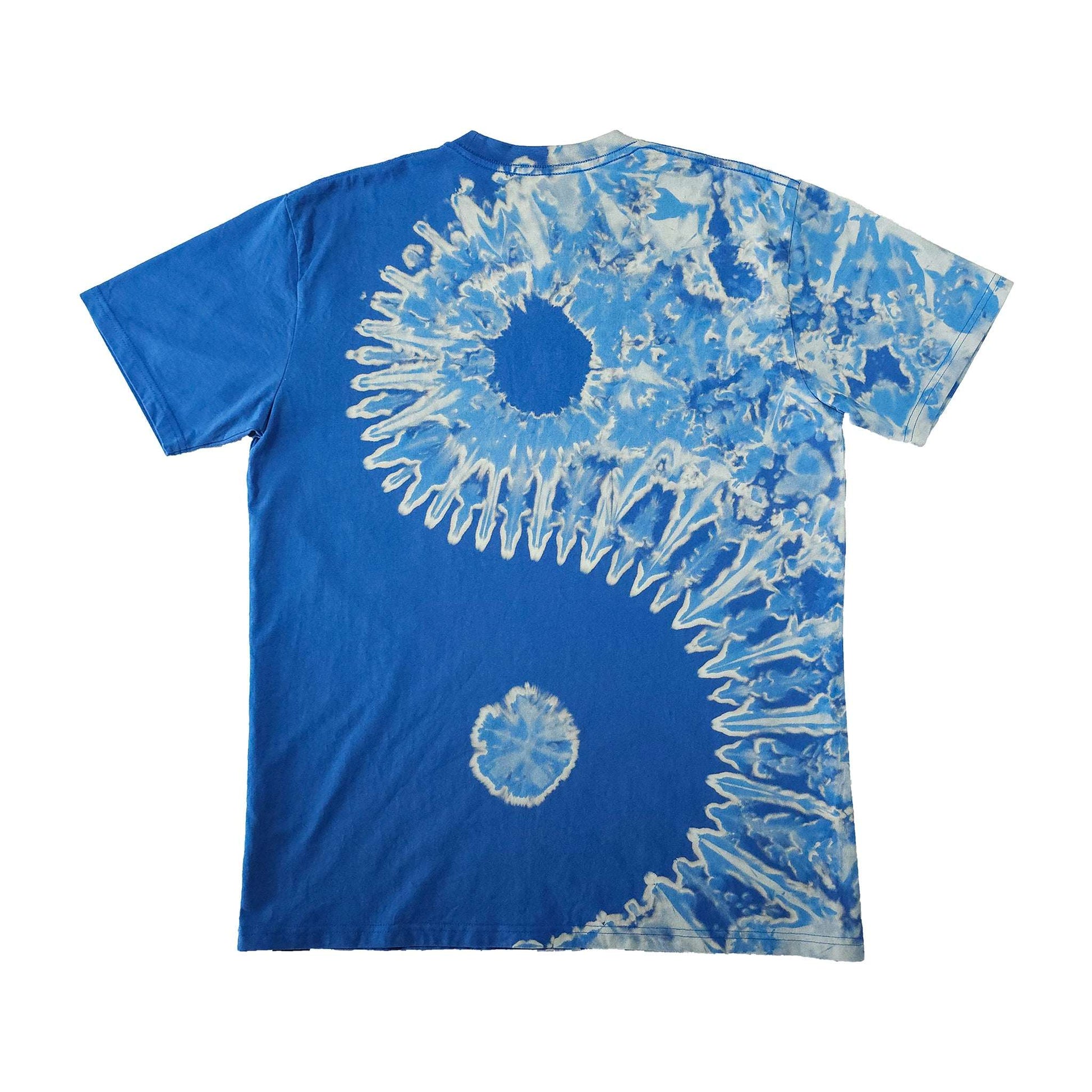 Blue bleach-dye graphic T-shirt with back sunburst circle and white radial streaks