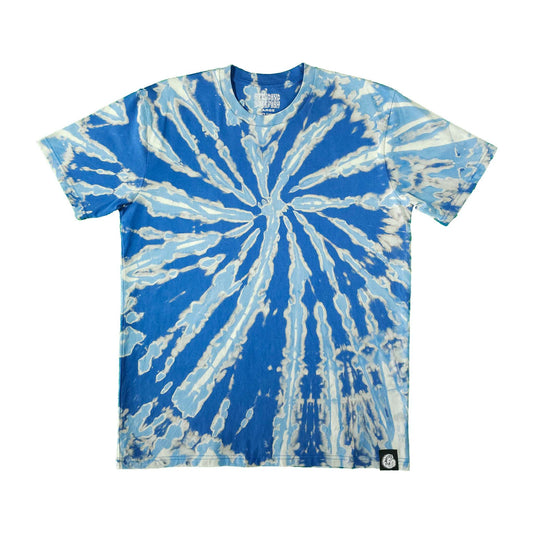 Blue and white bleach-dye spiral T-shirt with short sleeves and crew neck