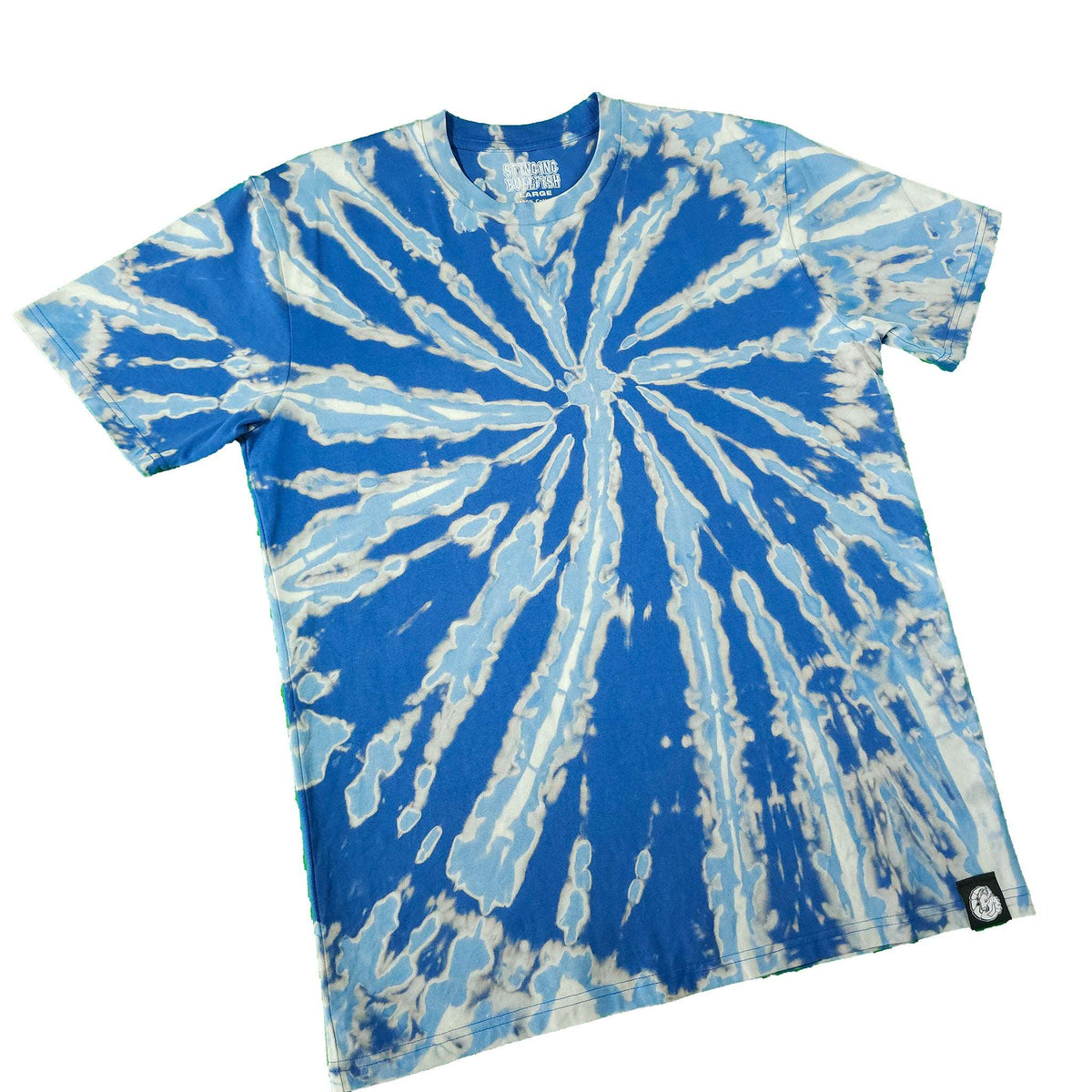 Front view blue and white bleach-dye spiral T-shirt, short sleeves, crew neck