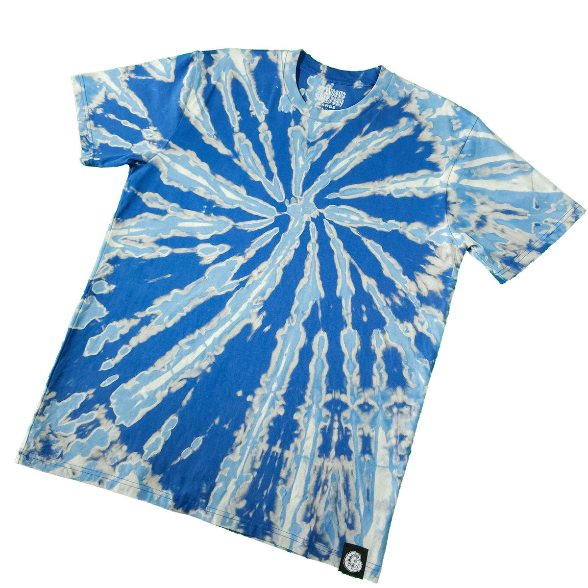 Front view blue and white spiral bleach-dye T-shirt with crew neck and short sleeves