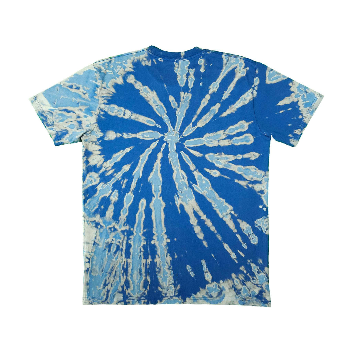 Blue and light-blue spiral bleach-dye T-shirt with crew neck and short sleeves