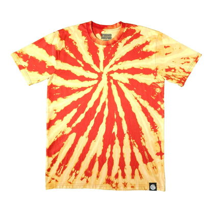 Red and cream spiral tie-dye T-shirt, short-sleeve crewneck with center swirl.