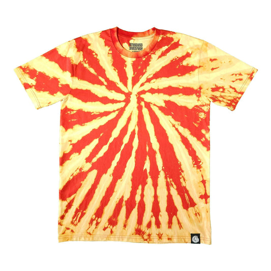 Red and cream spiral tie-dye T-shirt, short-sleeve crewneck with center swirl.