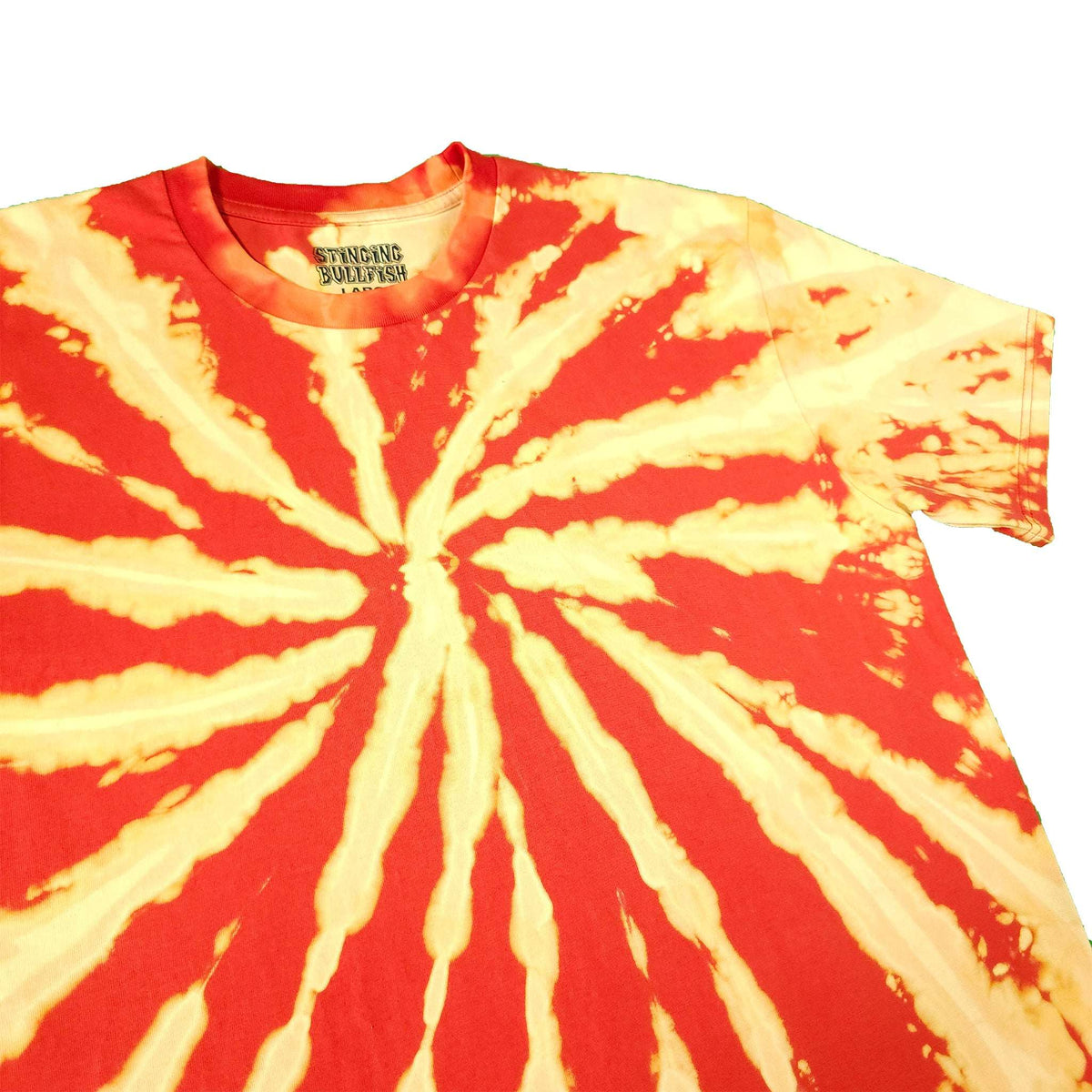 Red and cream spiral tie-dye T-shirt with short sleeves and bold center burst swirl.