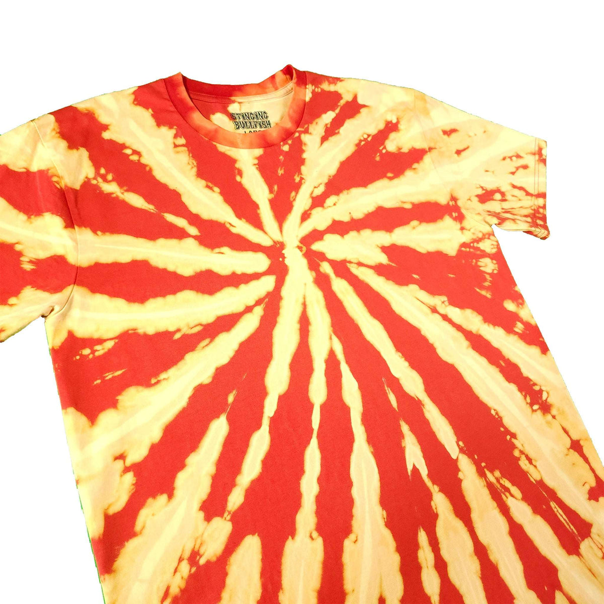 Red and cream spiral tie-dye T-shirt, short sleeves, crewneck with radiating lines.
