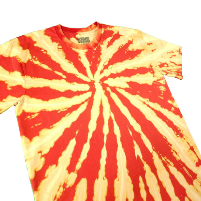 Red and cream spiral tie-dye T-shirt, short sleeves, crewneck with radiating lines.