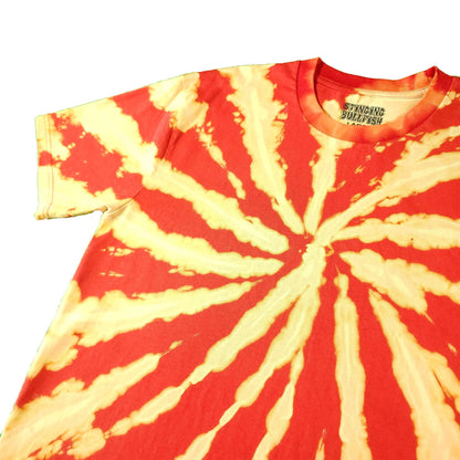 Red and cream spiral tie-dye T-shirt front, short sleeves, crewneck, center burst pattern.